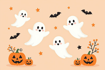 Cute Halloween illustration featuring smiling ghosts, bats, pumpkins, and autumn branches soft peach background, creating festive and playful spooky scene perfect for celebrating fall