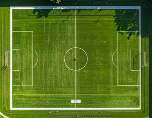 Aerial view of a soccer field in bright green.