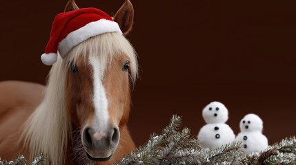 Festive horse in santa hat with snowmen and frosted branches