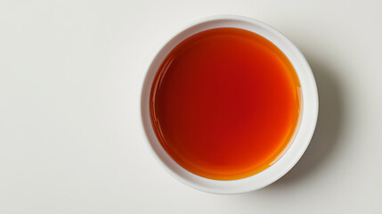 Aerial view of a bowl filled with orange liquid on a white surface