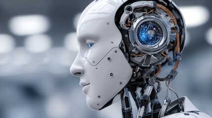 Fototapeta premium A close-up of an advanced humanoid robot head showcasing intricate mechanical components and a blue illuminated core, symbolizing the future of artificial intelligence and robotics