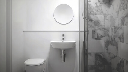 Modern Bathroom Interior with Toilet Seat, Shower, Round Mirror, and Marbled Tiles in Black and White