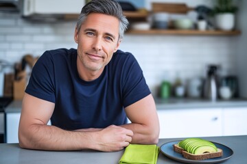 Healthy middle-aged man in casual navy t-shirt sitting at kitchen counter with avocado toast and smiling at camera