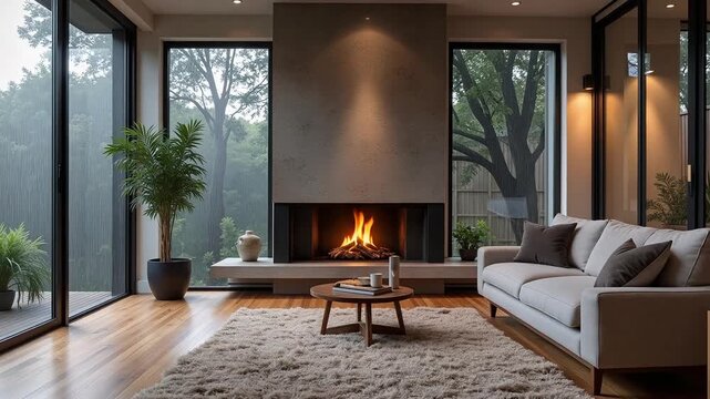 Cozy modern living room with fireplace and endless looped background animation, perfect for relaxation and ambiance in a 4k video.