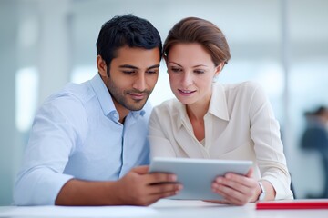 Smiling business colleagues working together on digital tablet in modern office. Diverse professional team collaborating on project using technology and teamwork