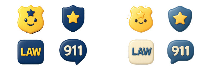 3D police badge icon set with cute kawaii face, law symbol, and 911 emergency call bubble on a white background