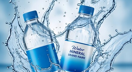 Two refreshing bottles of mineral water splashing with clear water droplets