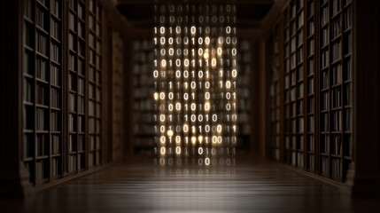 Digital Library with Floating Binary Code Representing Data Visualization in a Modern Archive Surrounded by Bookshelves and Soft Lighting
