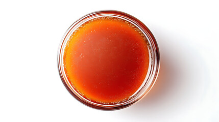 Aerial view of a glass container filled with orange liquid on white surface