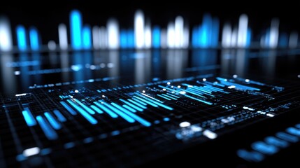 A close-up view of digital data visualization with blue and white bars representing information flow