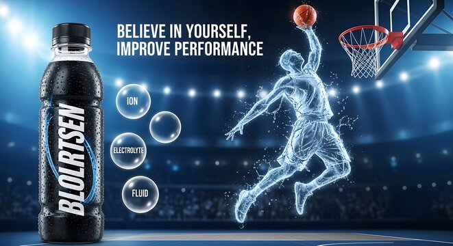 Dynamic basketball player in action with energy drink bottle and motivational text