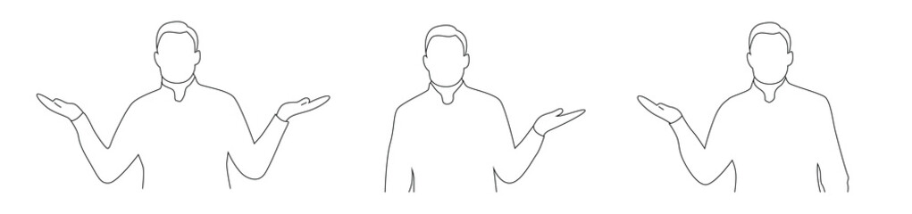 Line Art Man Spreading Hands as if Holding Something. Throwing up hands to show announcement or product