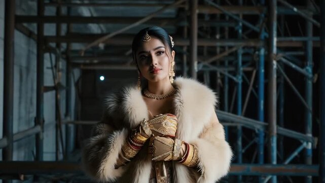 Elegant Indian Bride Wearing Traditional Clothes and Fur Coat Posing in Urban Setting