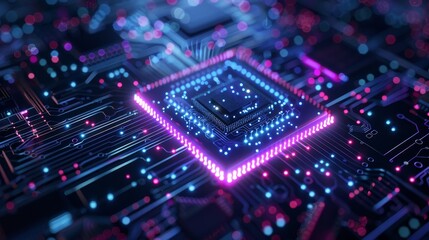 Obraz premium Detailed close up of a radiant purple microchip positioned on an intricate circuit board