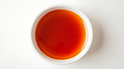 Aerial view of a white bowl filled with a vibrant orange liquid substance