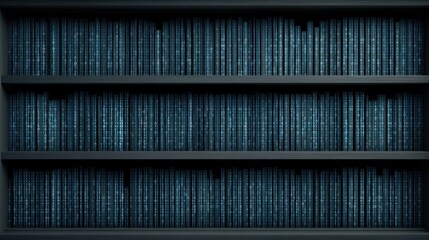 Abstract representation of data storage with rows of digital information in a dark library setting, showcasing modern technology and coding aesthetics.