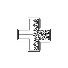 Cross symbol with intricate geometric pattern.