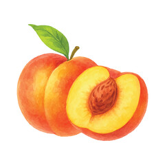 Watercolor Peach Illustration with Leaf and Slice Isolated on White Background