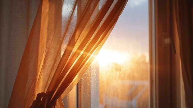 Person opening curtains to let morning sunlight in