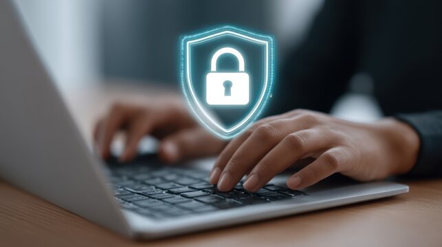 Secure Digital Environment with Person Typing on Laptop Keyboard and Graphic of Lock Symbol Representing Cybersecurity and Data Protection