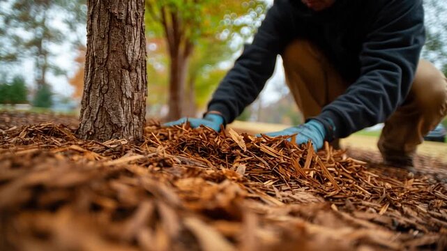 Spreading mulch around the base of trees