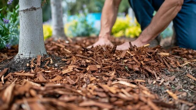 Spreading mulch around the base of trees