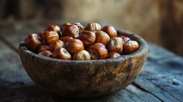 A simple still life image of a wooden bowl filled with nuts placed on a wooden table