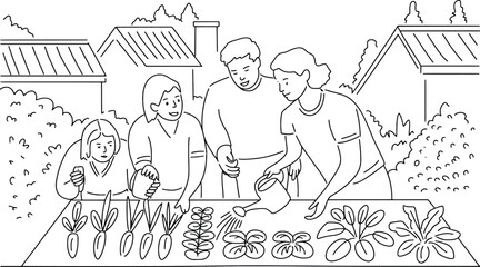 Family harvesting fresh produce from garden preparing healthy food together outdoors