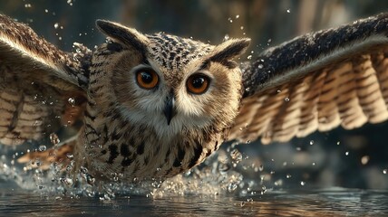 Owl in Flight Over Water