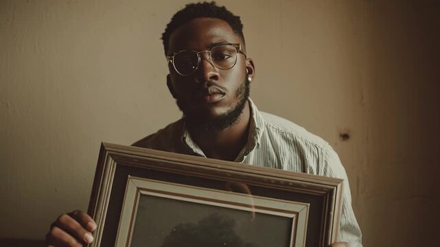 Man holding a framed photo with a sad expression