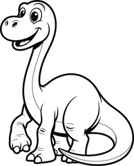 Cartoon dinosaur, vector line art, black and white, kids coloring page, friendly sauropod, smiling animal, educational drawing, prehistoric creature, children illustration, outline sketch