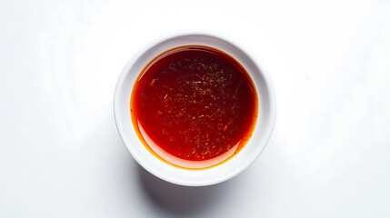 Overhead shot of a white bowl filled with a vibrant red liquid sauce