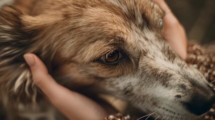 Close-up of someone petting a dog’s head lovingly