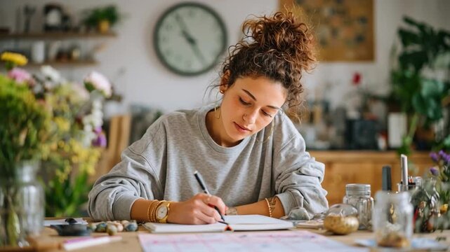 Young woman using a time-blocking planner at a tidy desk