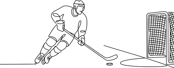Dynamic hockey player skating with puck near net in minimalist line art style