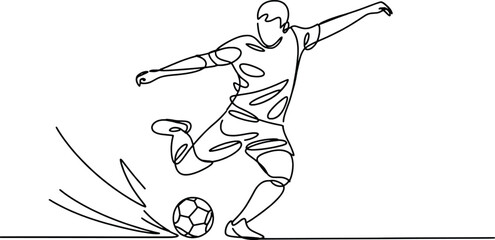 Dynamic soccer player kicking ball one line drawing action sports art
