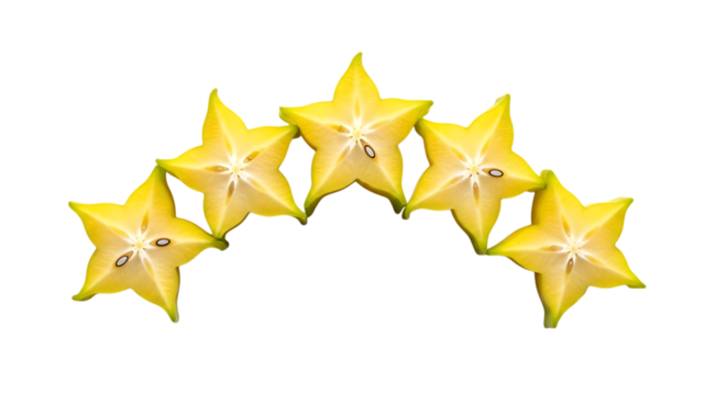 Five bright yellow star fruits arranged in an arc isolated on transparent background