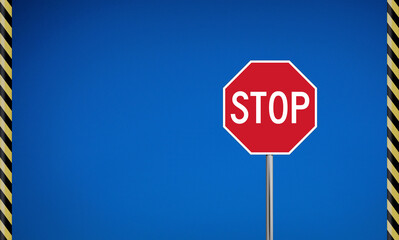 Stop Road Sign on Blue Background with Caution Stripes