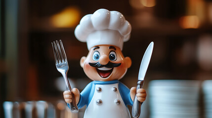 A chef figurine holding a fork and knife with a happy expression on face