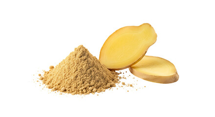 Heap of ground ginger root and slices isolated on transparent background