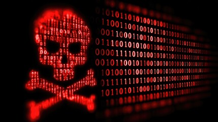 A digital representation of cyber threats, featuring a skull symbol amidst binary code, highlighting the dangers of malicious software and online security breaches.