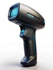 Black barcode scanner on white background with futuristic technology theme
