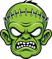 Cartoon Frankenstein monster, green horror face, Halloween character, scary zombie head, stitched creature illustration, spooky vector art, isolated on white