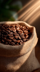Aromatic Coffee Beans: A close-up view of a burlap sack overflowing with rich, roasted coffee beans, the perfect embodiment of a morning ritual.