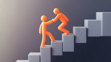 Orange figures climbing gray block steps with one figure helping another