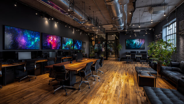 Modern gaming lounge with multiple computer screens displaying vibrant colorful graphics and comfortable seating areas