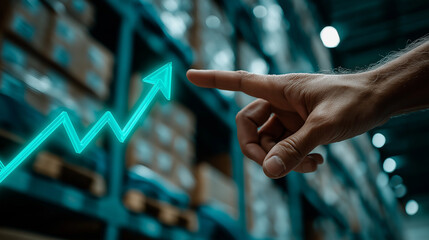 Warehouse Growth: A visual metaphor of business progress, an arm's finger traces an upward-trending graph superimposed over a bustling warehouse, highlighting growth and strategic planning.