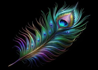 Obraz premium Iridescent peacock feather on black background with intricate patterns and colors