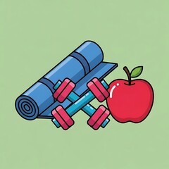 Fitness essentials: mat, dumbbells and apple, symbol of healthy lifestyle representation on a neutral background ready