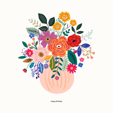 Decorative art illustration with beautiful bouquet of roses. Still life with flower bouquet. Floral card with vase full of flowers